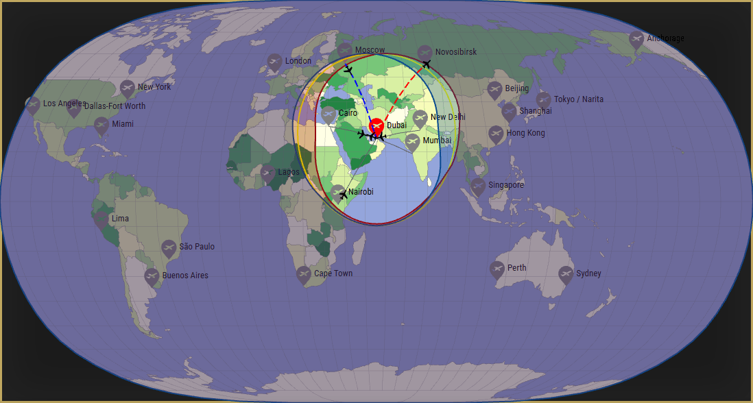 Interactive SVG map showing the flight range of a 737-400 from Dubai International Airport (DXB) with real wind data.