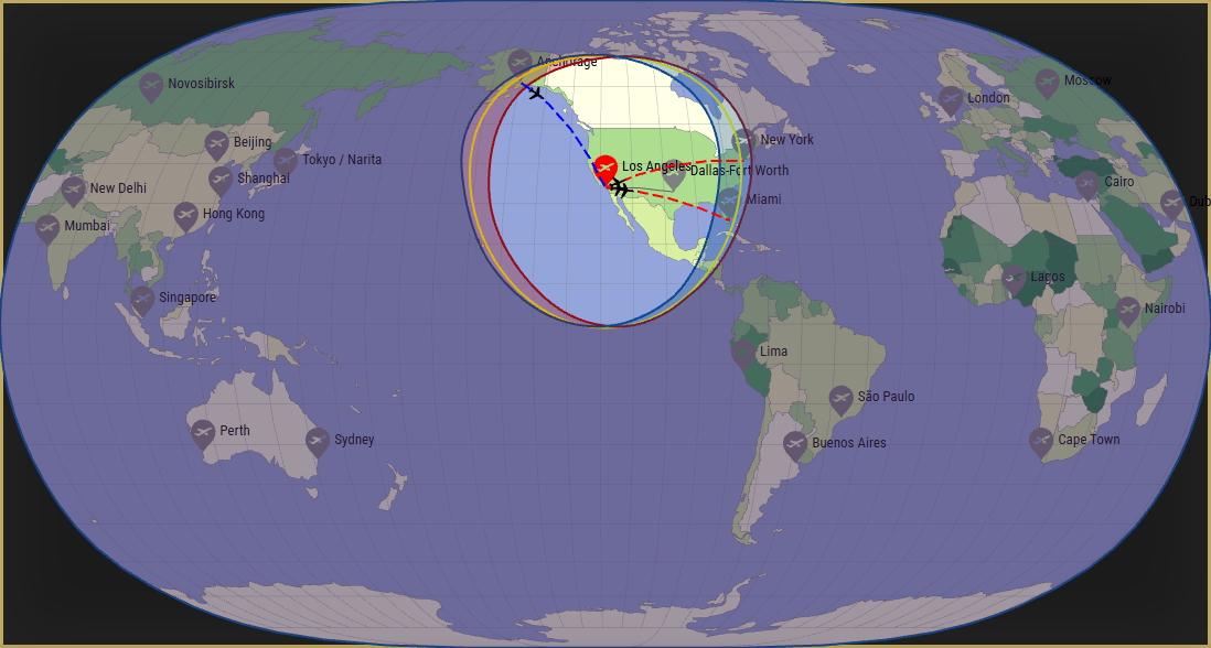 Interactive SVG map showing the flight range of a 737-400 from Los Angeles International Airport (LAX) with real wind data.
