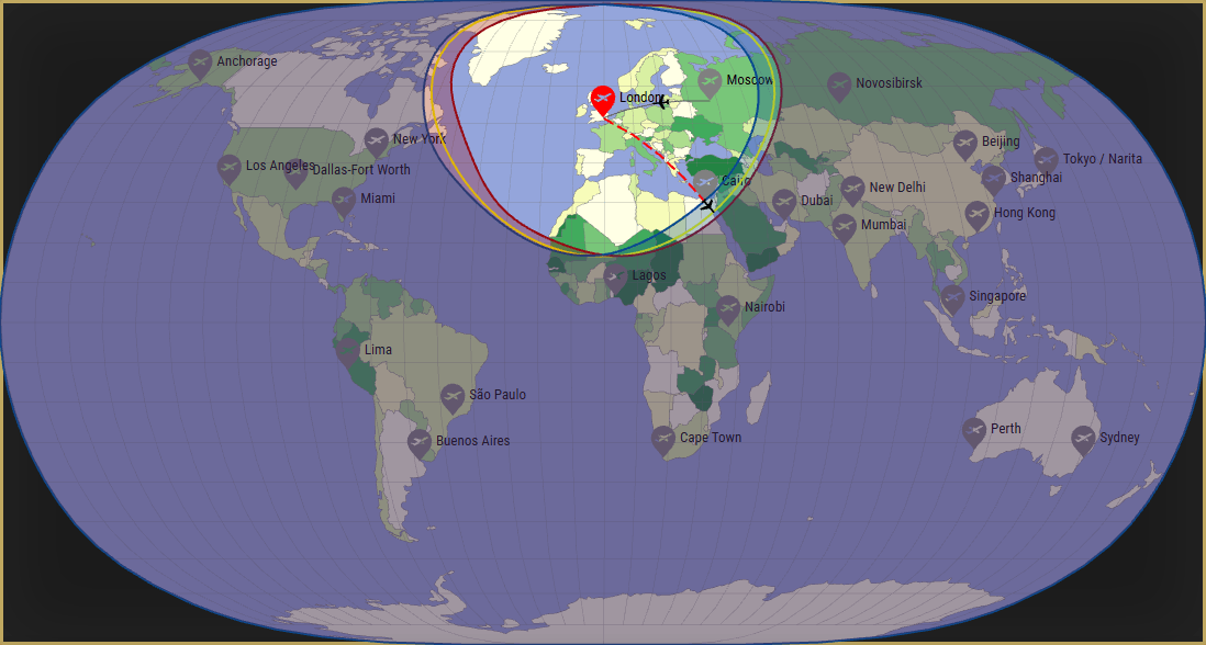 Interactive SVG map showing the flight range of a 737-400 from London Heathrow Airport (LHR) with real wind data.