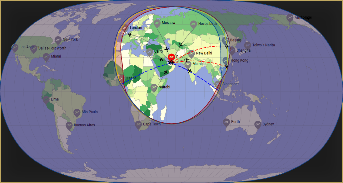 Interactive SVG map showing the flight range of a 750 Citation 10 from Dubai International Airport (DXB) with real wind data.