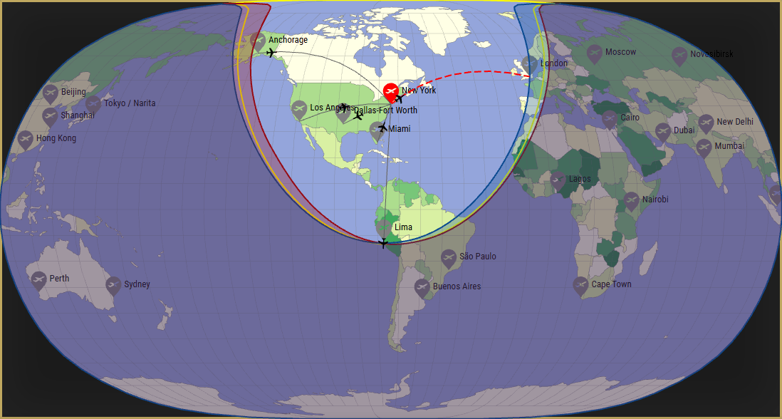 Interactive SVG map showing the flight range of a 750 Citation 10 from John F Kennedy International Airport (JFK) with real wind data.