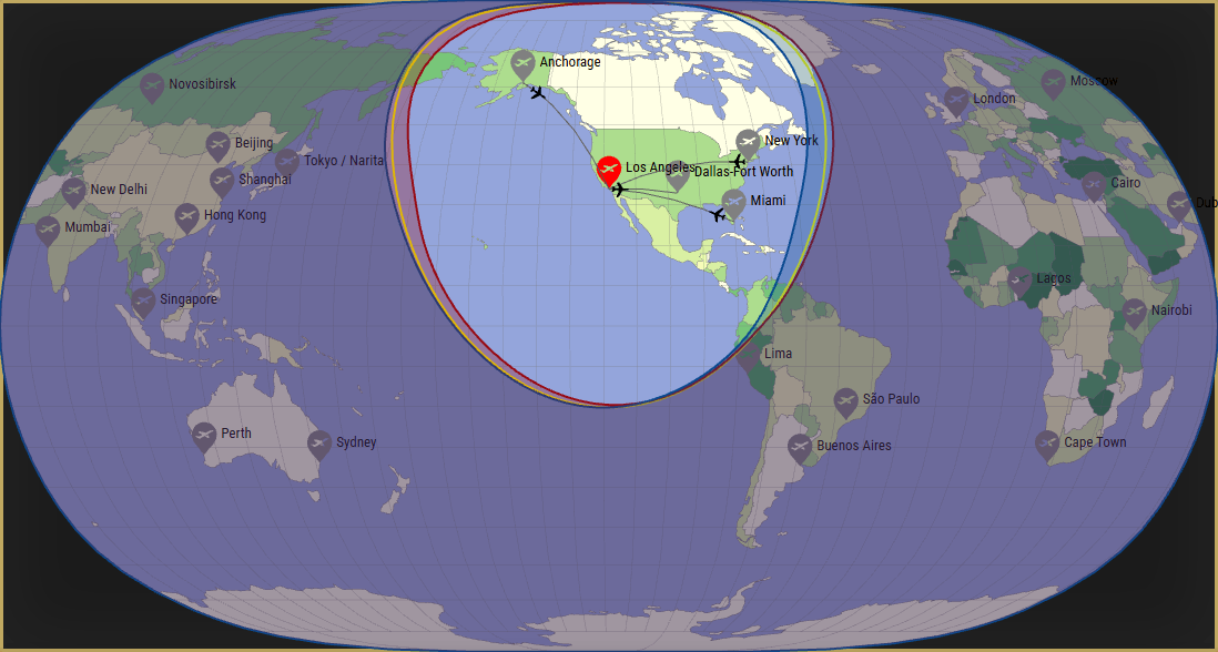 Interactive SVG map showing the flight range of a 750 Citation 10 from Los Angeles International Airport (LAX) with real wind data.