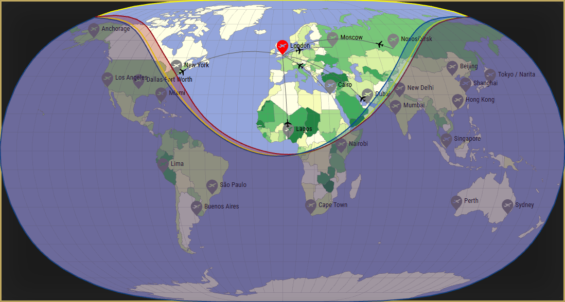 Interactive SVG map showing the flight range of a 750 Citation 10 from London Heathrow Airport (LHR) with real wind data.