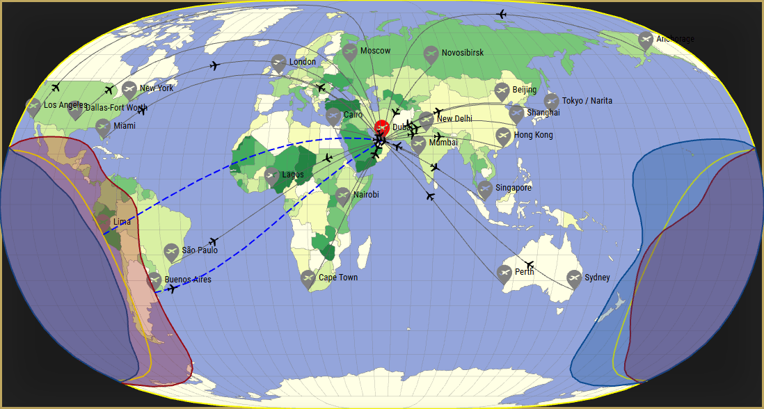Interactive SVG map showing the flight range of a 787-8 Dreamliner from Dubai International Airport (DXB) with real wind data.