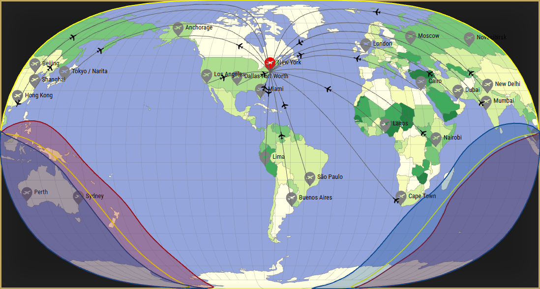 Interactive SVG map showing the flight range of a 787-8 Dreamliner from John F Kennedy International Airport (JFK) with real wind data.