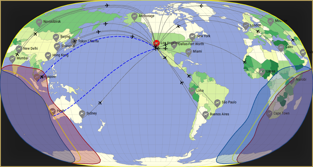 Interactive SVG map showing the flight range of a 787-8 Dreamliner from Los Angeles International Airport (LAX) with real wind data.