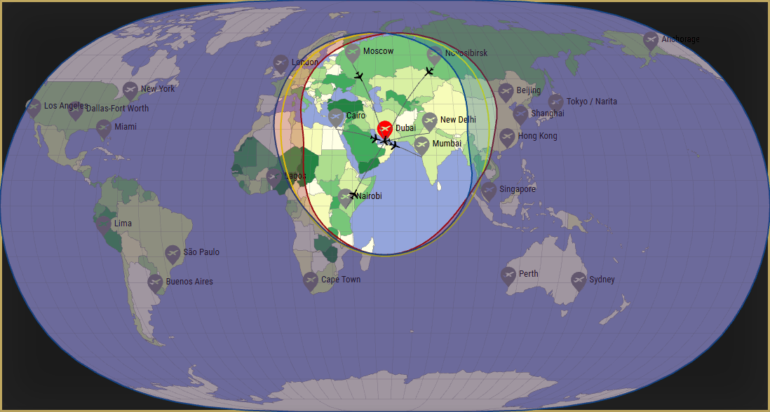 Interactive SVG map showing the flight range of a A320 from Dubai International Airport (DXB) with real wind data.