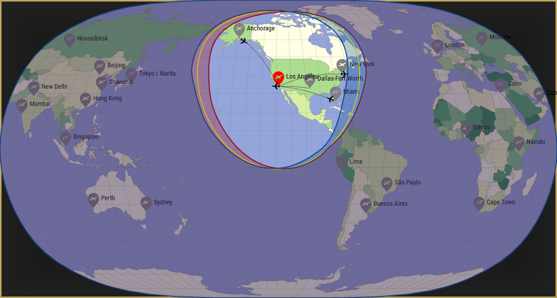 Interactive SVG map showing the flight range of a A320 from Los Angeles International Airport (LAX) with real wind data.