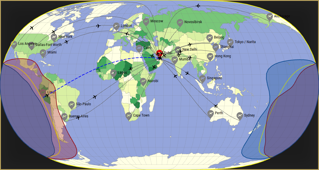 Interactive SVG map showing the flight range of a A350-900 XWB from Dubai International Airport (DXB) with real wind data.