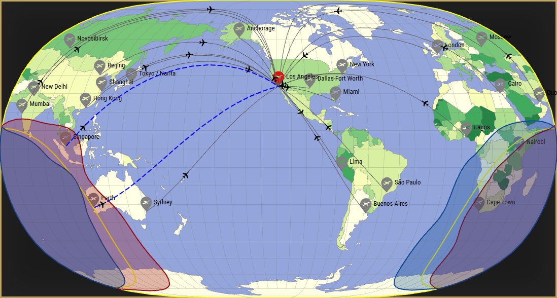 Interactive SVG map showing the flight range of a A350-900 XWB from Los Angeles International Airport (LAX) with real wind data.