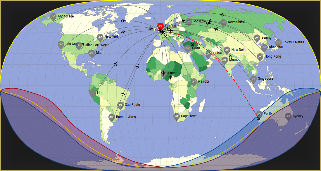 Interactive SVG map showing the flight range of a A350-900 XWB from London Heathrow Airport (LHR) with real wind data.