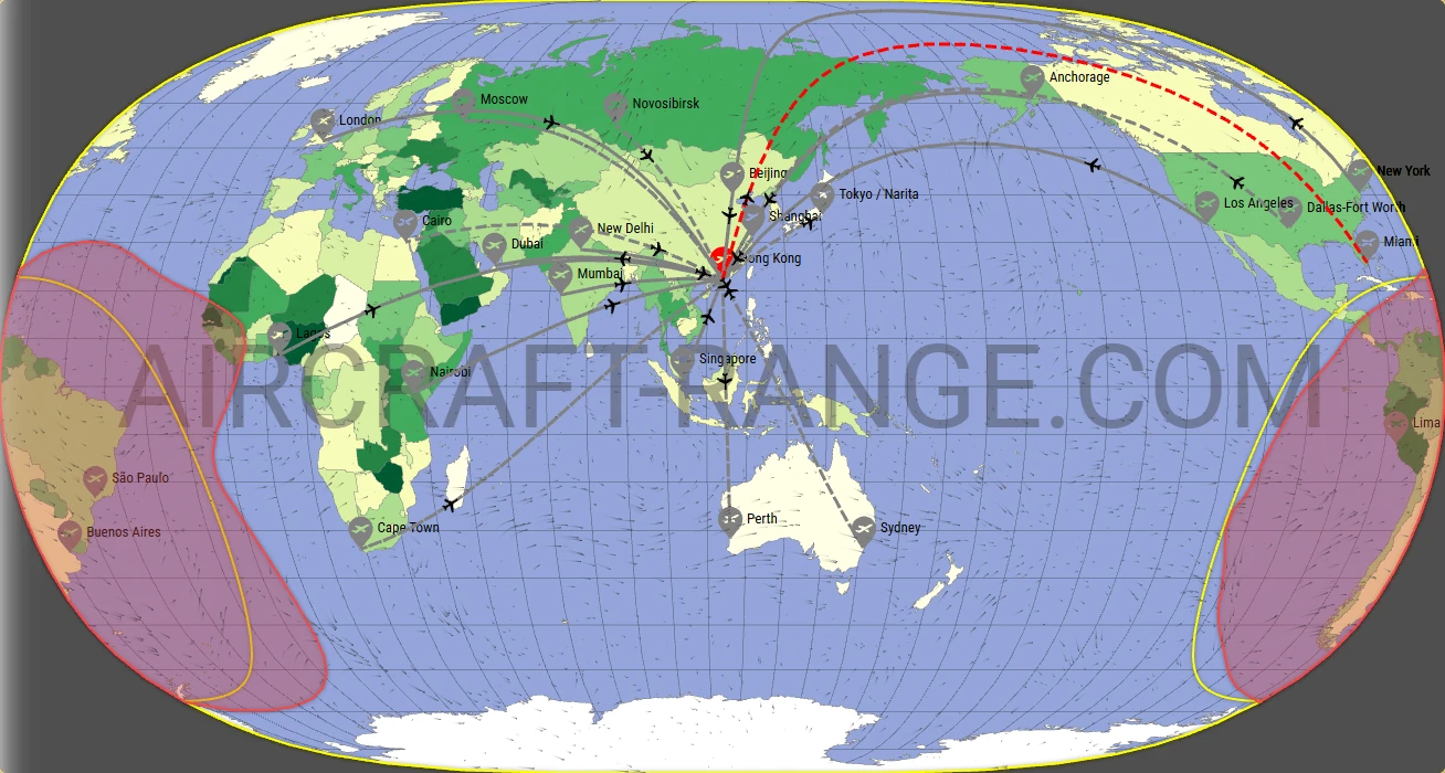 A350-900 XWB flight range map from Hong Kong International Airport (HKG) with real wind data