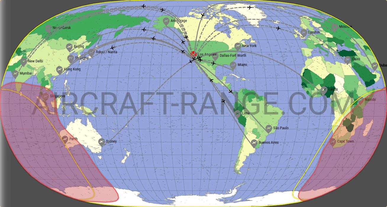 A350-900 XWB flight range map from Los Angeles International Airport (LAX) with real wind data