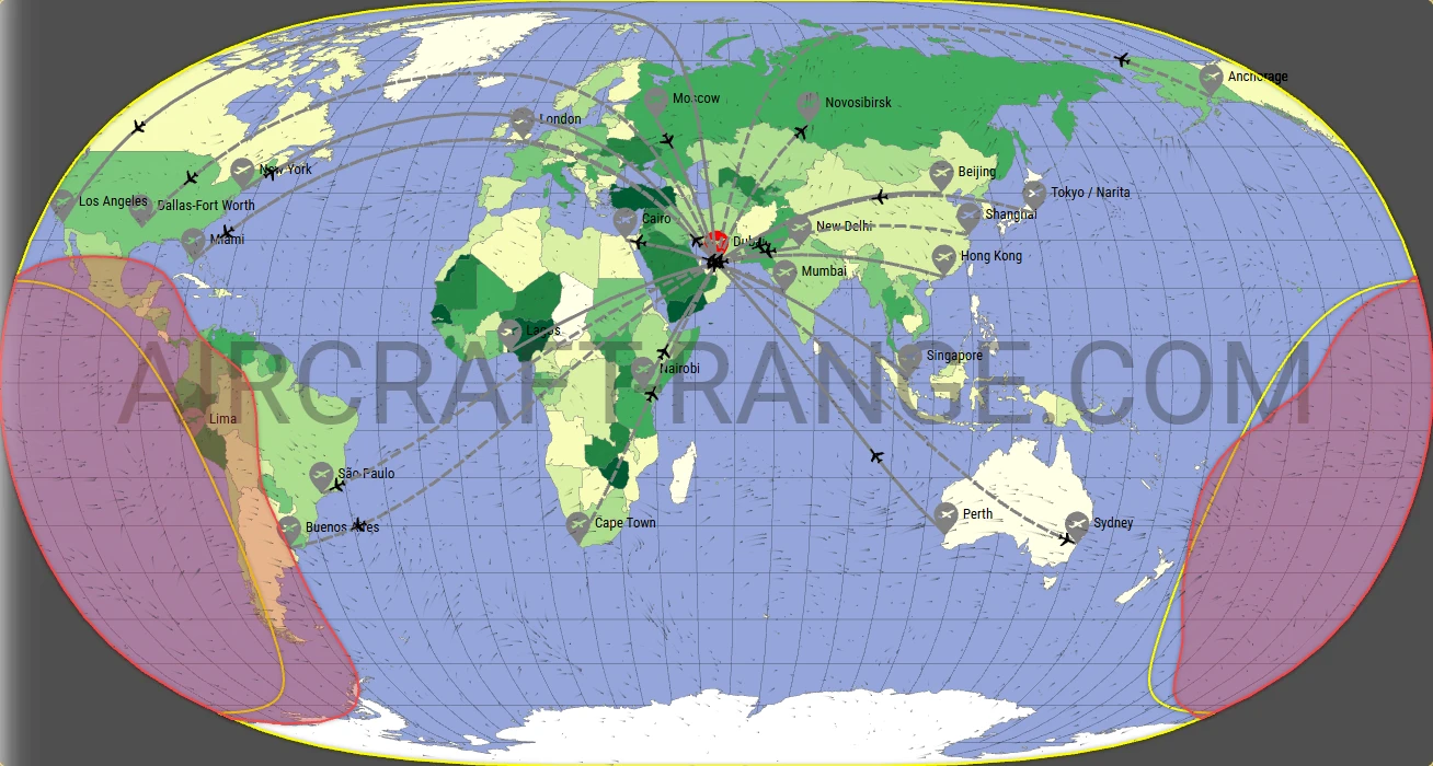 Airbus A380-800 flight range map from Dubai International Airport (DXB) with real wind data