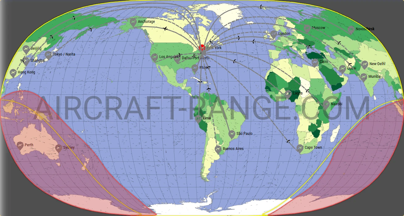 Airbus A380-800 flight range map from John F. Kennedy International Airport (JFK) with real wind data