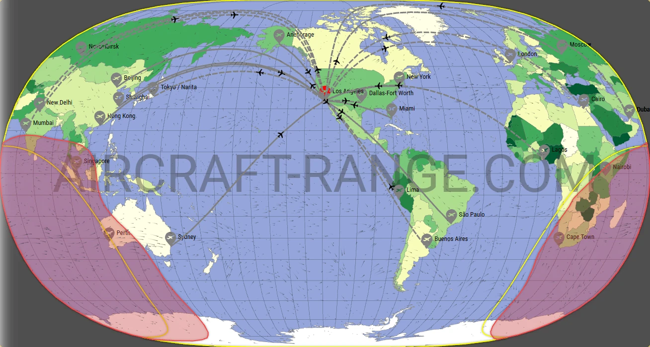 Airbus A380-800 flight range map from Los Angeles International Airport (LAX) with real wind data