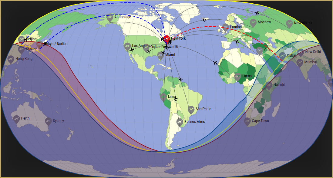 Interactive SVG map showing the flight range of a BOEING 777-300 from John F Kennedy International Airport (JFK) with real wind data.