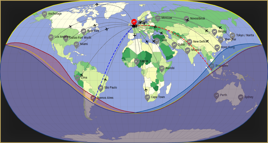 Interactive SVG map showing the flight range of a BOEING 777-300 from London Heathrow Airport (LHR) with real wind data.