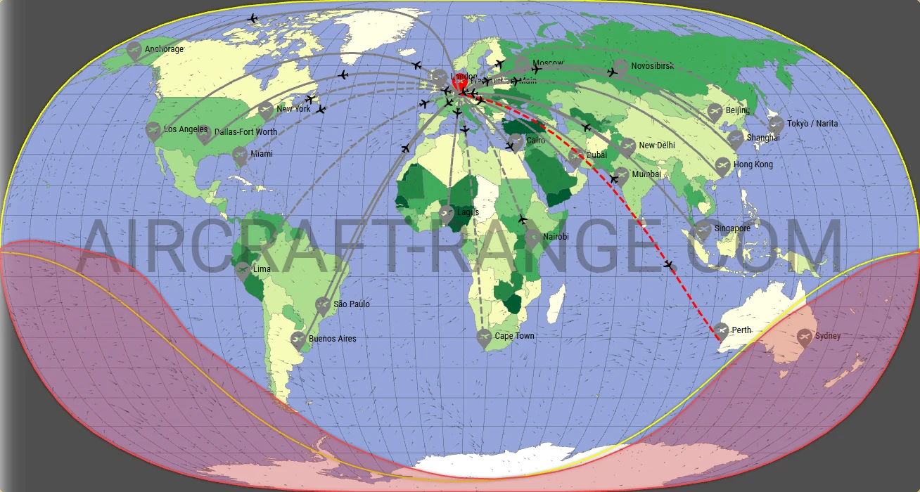 Boeing 777-300ER flight range map from Frankfurt Main Airport (FRA) with real wind data
