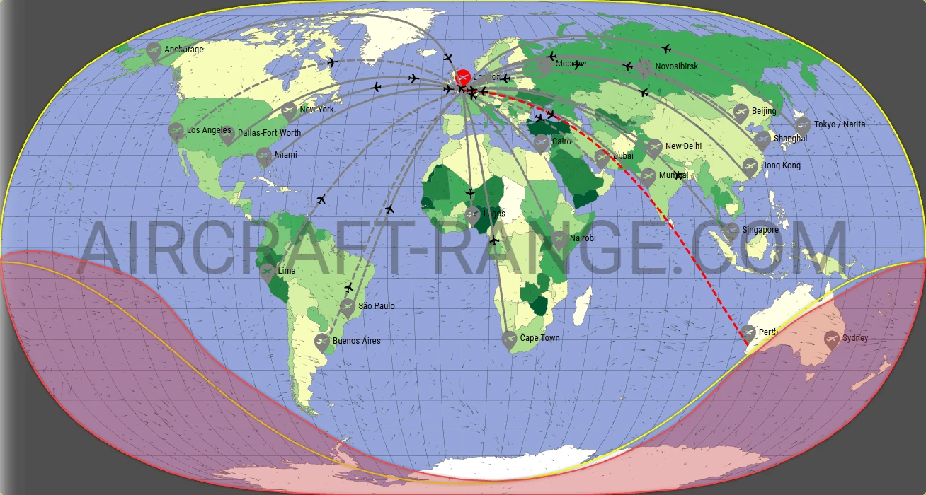 Boeing 787-8 Dreamliner flight range map from London Heathrow Airport (LHR) with real wind data