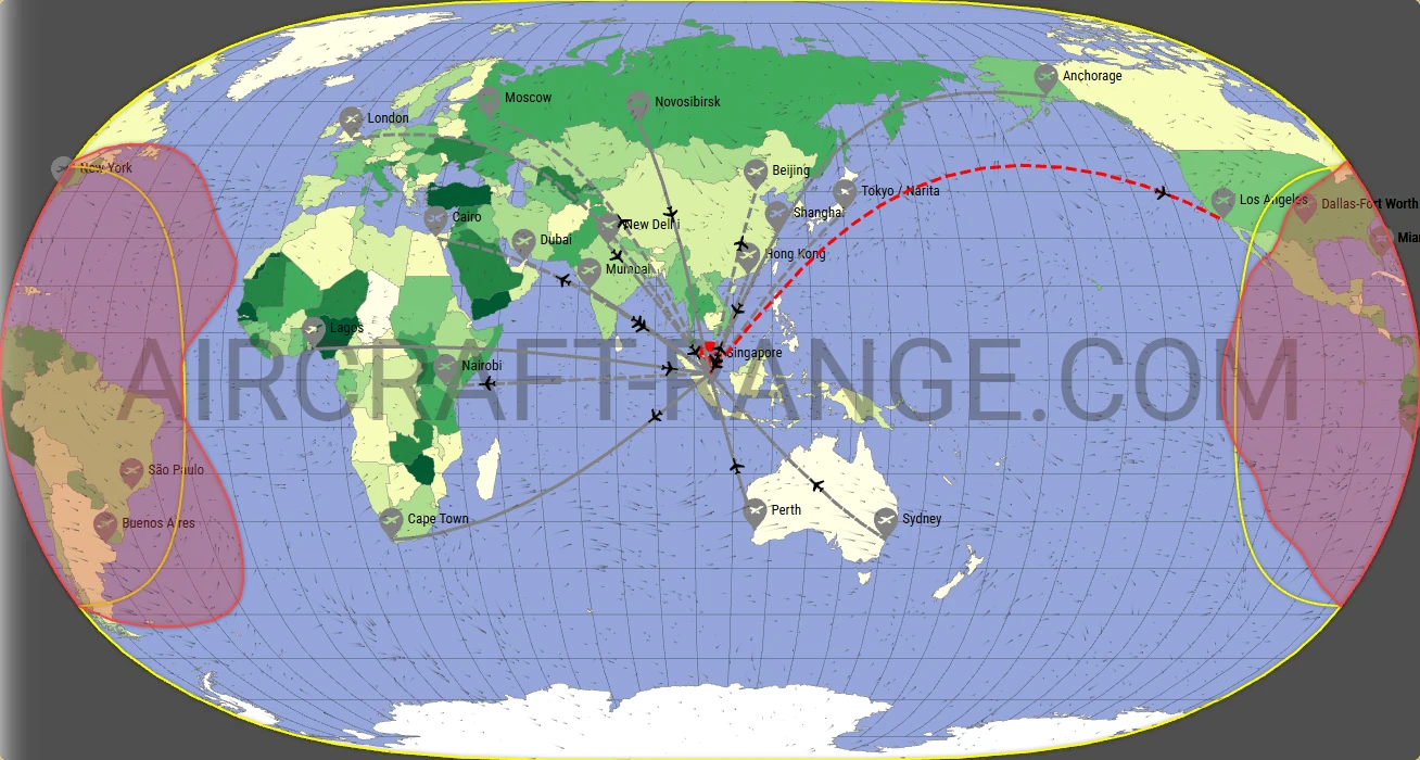 Boeing 787-8 Dreamliner flight range map from Singapore Changi Airport (SIN) with real wind data