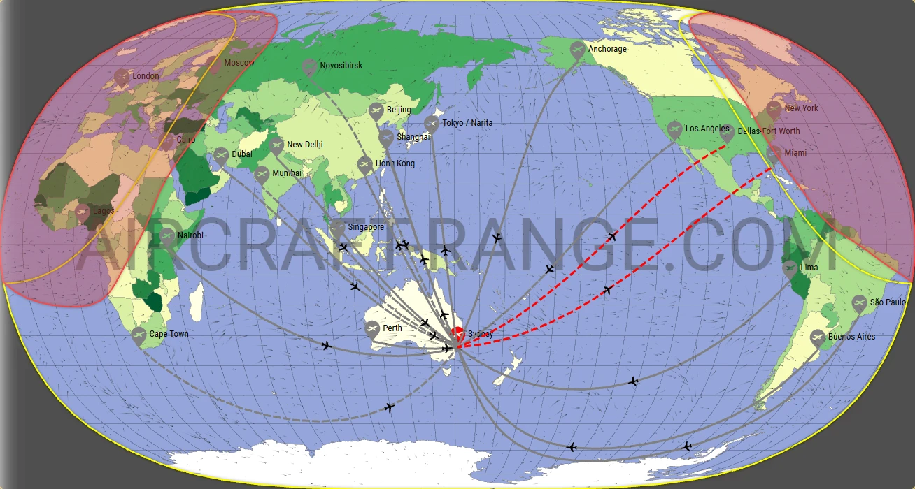 Boeing 787-8 Dreamliner flight range map from Sydney Kingsford Smith International Airport (SYD) with real wind data