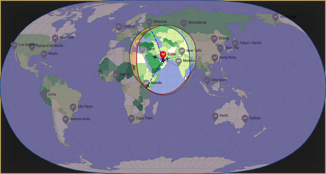 Interactive SVG map showing the flight range of a Embraer 505 Phenom 300 from Dubai International Airport (DXB) with real wind data.