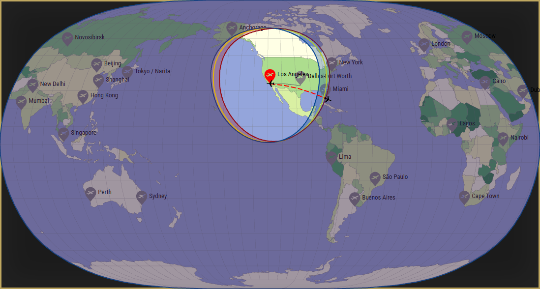 Interactive SVG map showing the flight range of a Embraer 505 Phenom 300 from Los Angeles International Airport (LAX) with real wind data.