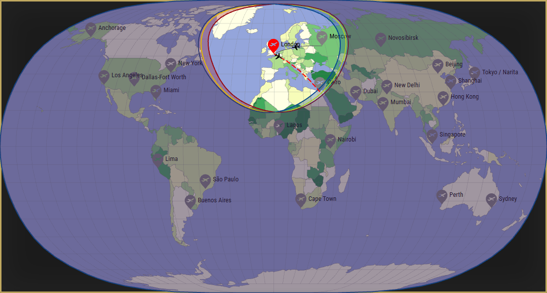 Interactive SVG map showing the flight range of a Embraer 505 Phenom 300 from London Heathrow Airport (LHR) with real wind data.