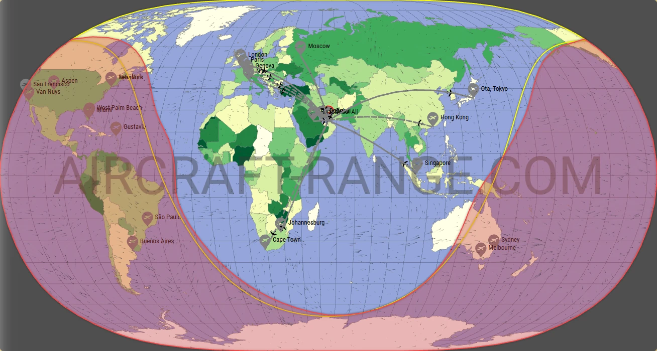 Falcon 6X broker route map from Dubai International Airport (OMDB)