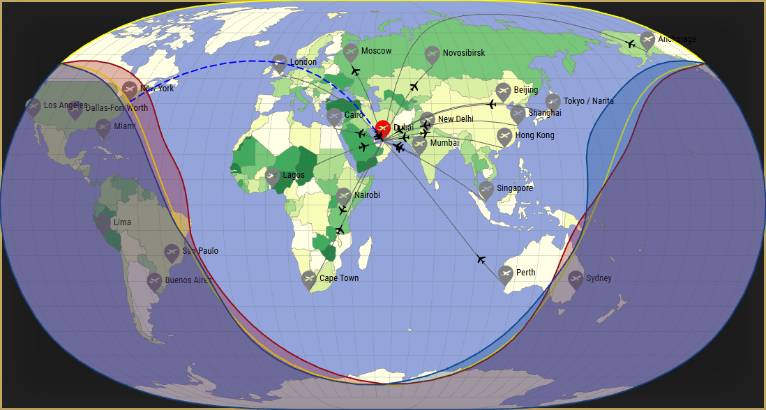 Interactive SVG map showing the flight range of a Falcon 7X from Dubai International Airport (DXB) with real wind data.
