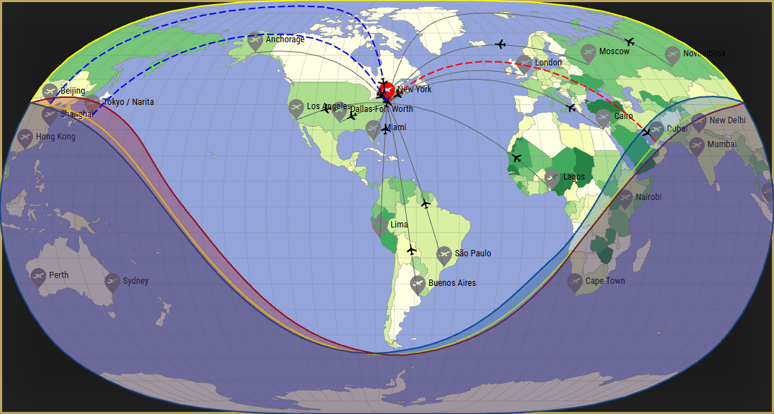Interactive SVG map showing the flight range of a Falcon 7X from John F Kennedy International Airport (JFK) with real wind data.
