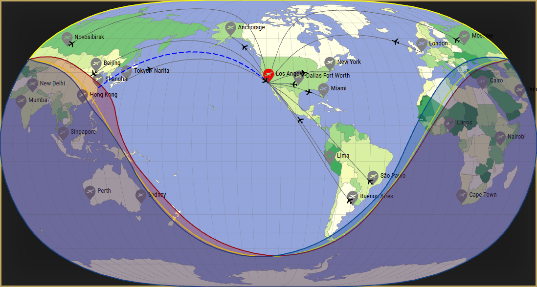Interactive SVG map showing the flight range of a Falcon 7X from Los Angeles International Airport (LAX) with real wind data.
