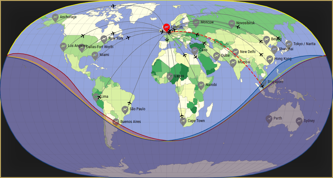 Interactive SVG map showing the flight range of a Falcon 7X from London Heathrow Airport (LHR) with real wind data.
