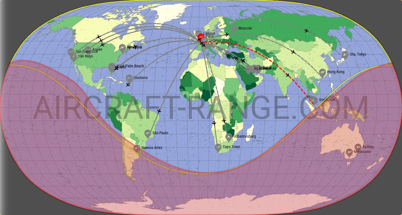 Falcon 7X broker route map from Paris-Le Bourget International Airport (LFPB)