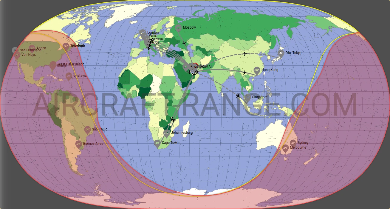 Falcon 7X broker route map from Dubai International Airport (OMDB)