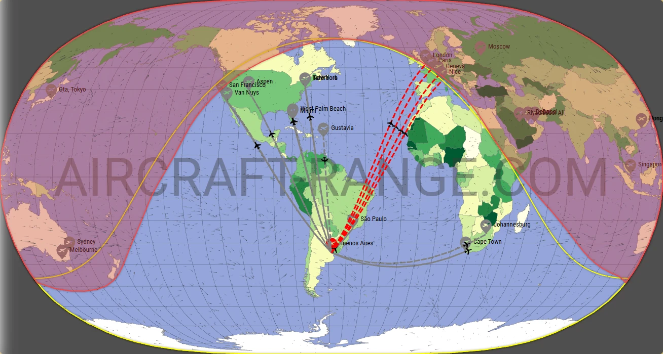 Falcon 7X broker route map from Aeroparque Jorge Newbery (SABE)