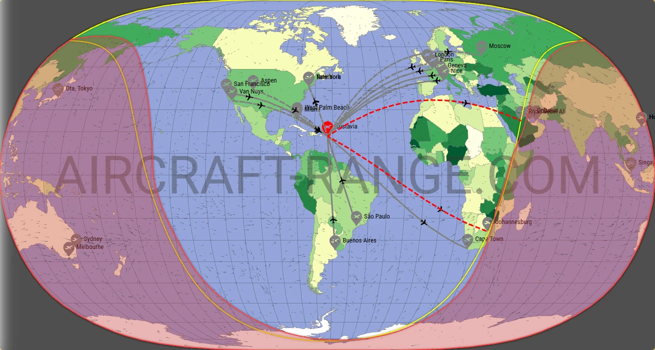 Falcon 7X broker route map from St. Jean Airport (TFFJ)