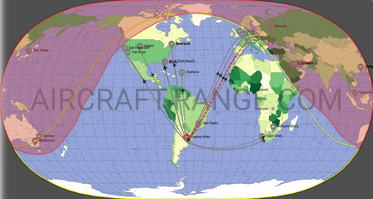 Falcon 8X broker route map from Aeroparque Jorge Newbery (SABE)
