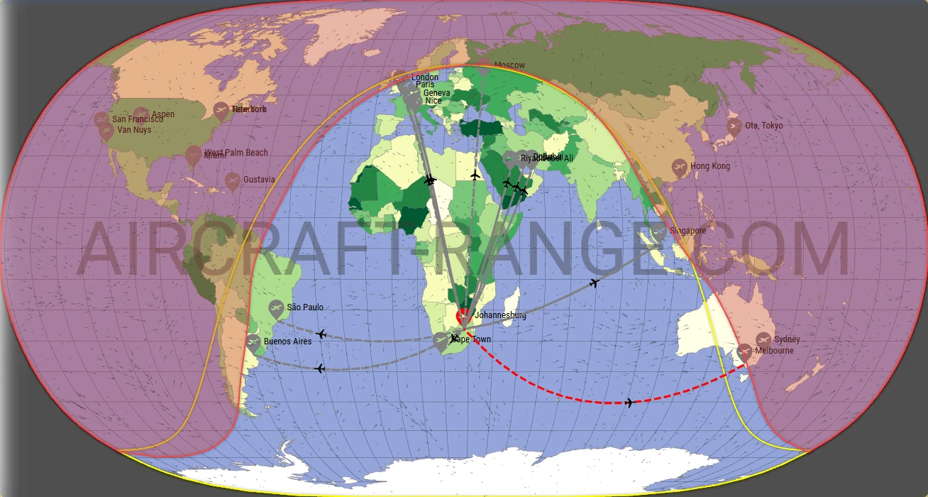 Global 5000 broker route map from O.R. Tambo International Airport (FAOR)