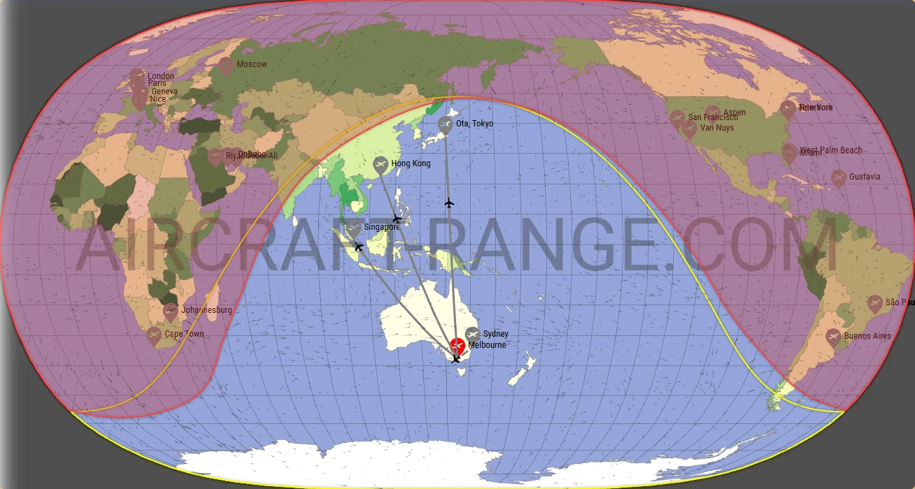 Global 5000 broker route map from Melbourne Airport (YMML)