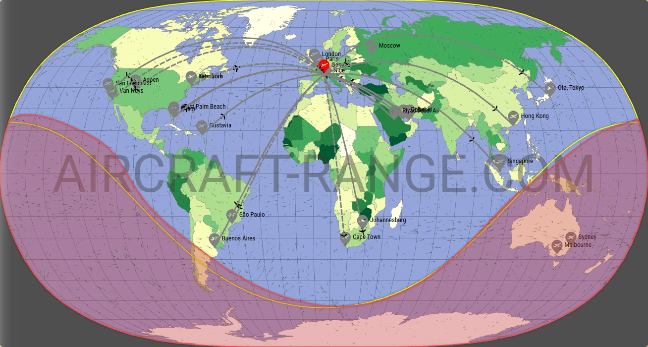 Global 6500 broker route map from Geneva International Airport (LSGG)