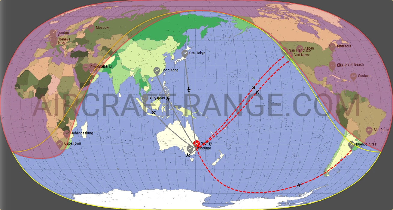 Global 6500 broker route map from Sydney Kingsford Smith International Airport (YSSY)