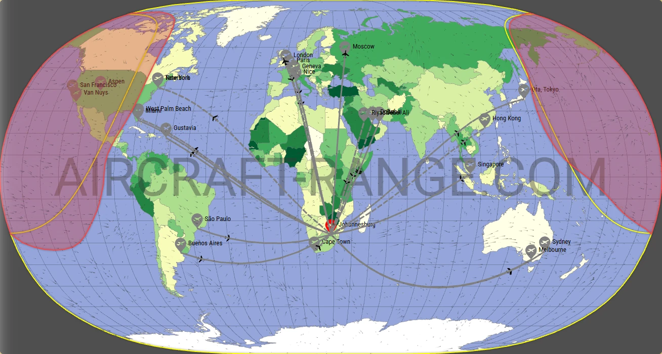 Global 7500 broker route map from O.R. Tambo International Airport (FAOR)