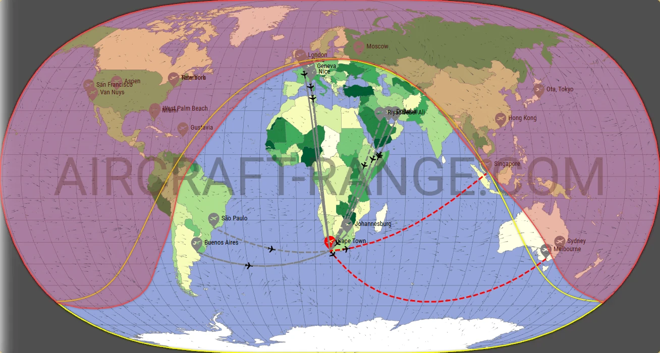 Gulfstream G500 broker route map from Cape Town International Airport (FACT)