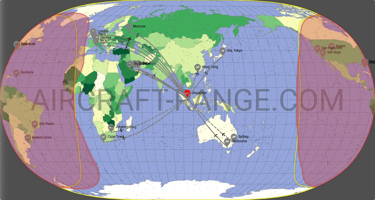 Gulfstream G600 broker route map from Singapore Changi Airport (WSSS)