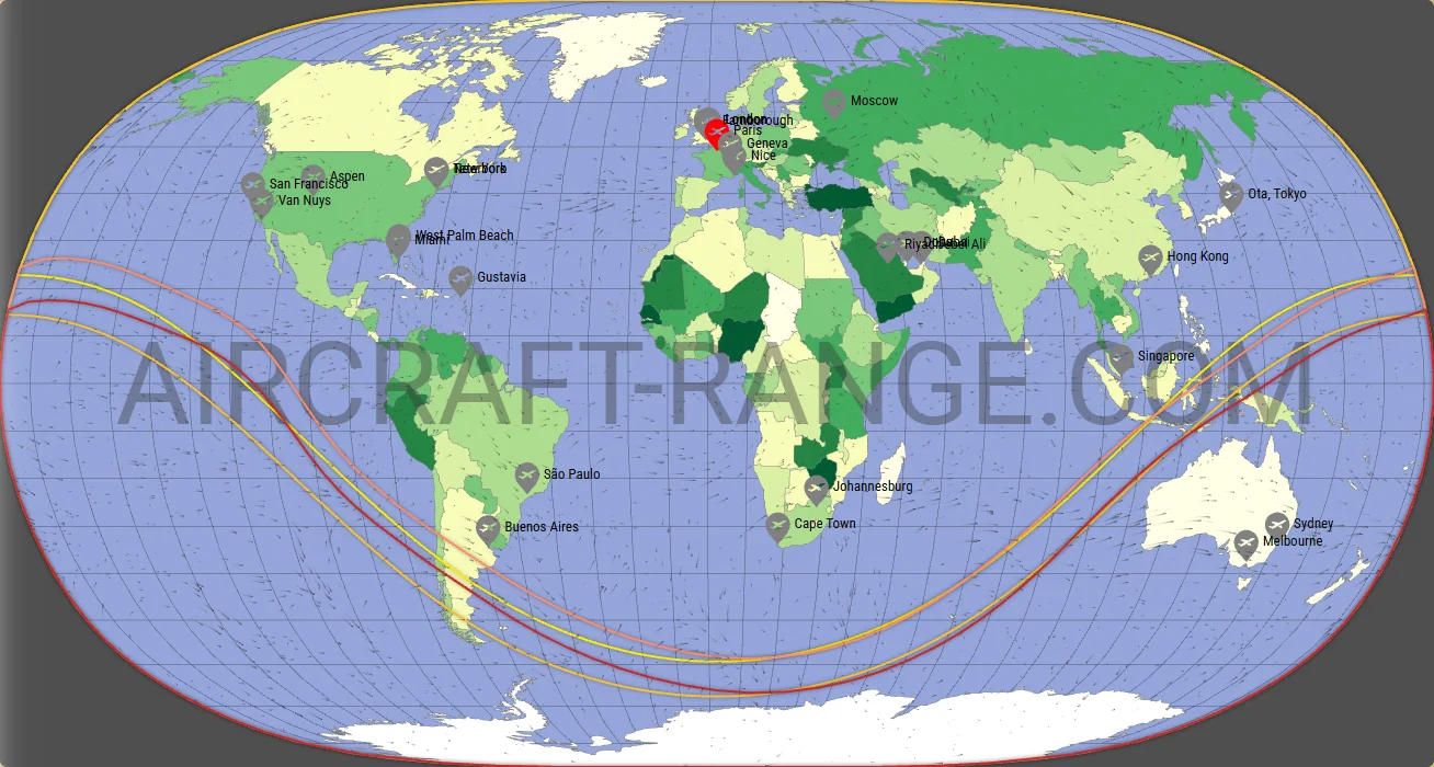 Gulfstream G600 vs Gulfstream G650ER range map from Paris-Le Bourget International Airport (LFPB)