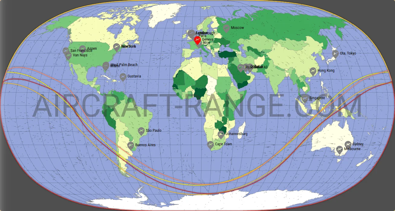 Gulfstream G600 vs Gulfstream G650ER range map from Geneva International Airport (LSGG)