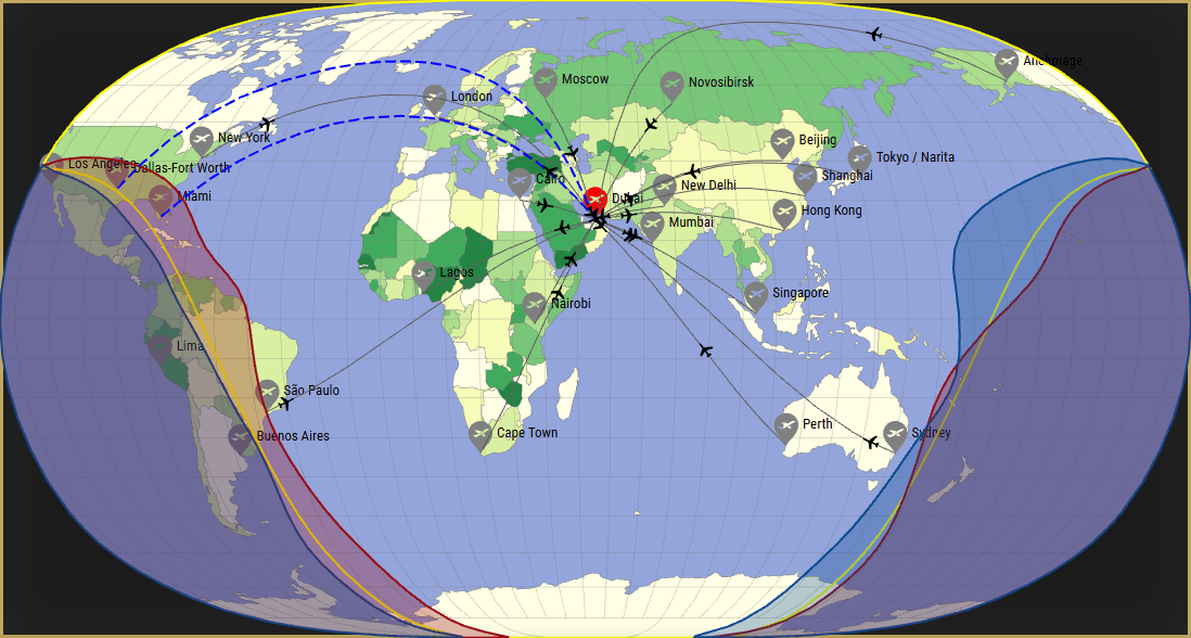 Interactive SVG map showing the flight range of a Gulfstream G650ER from Dubai International Airport (DXB) with real wind data.
