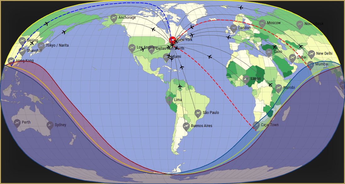 Interactive SVG map showing the flight range of a Gulfstream G650ER from John F Kennedy International Airport (JFK) with real wind data.